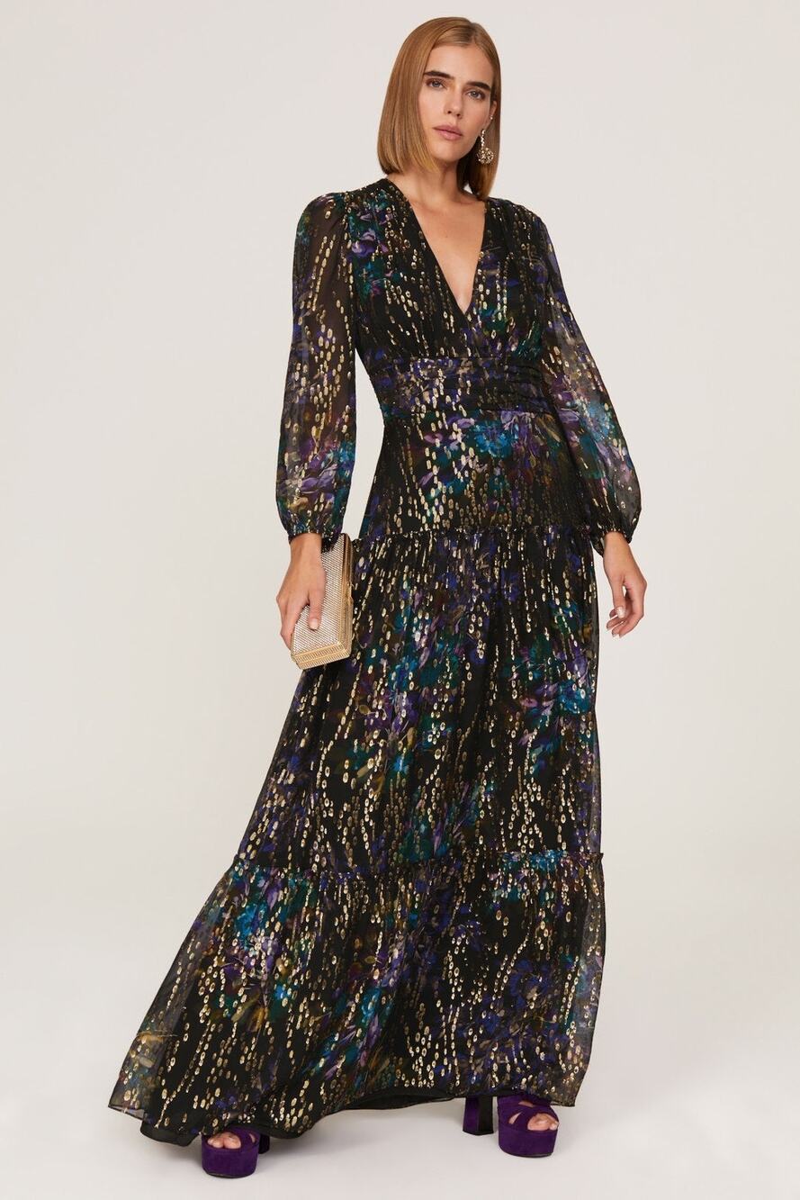 Shoshanna Madeline Black Multicolor Print V-Neck Long Sleeve Evening Gown Size 2